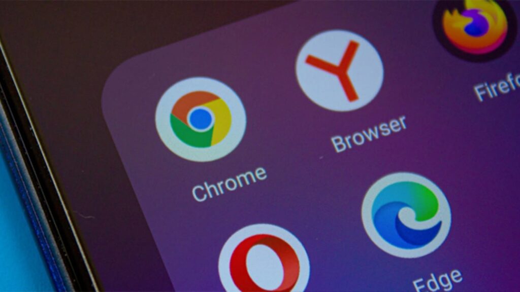 A grid of web browser app icons on a smartphone screen, featuring Google Chrome, Yandex Browser, Opera, and Microsoft Edge