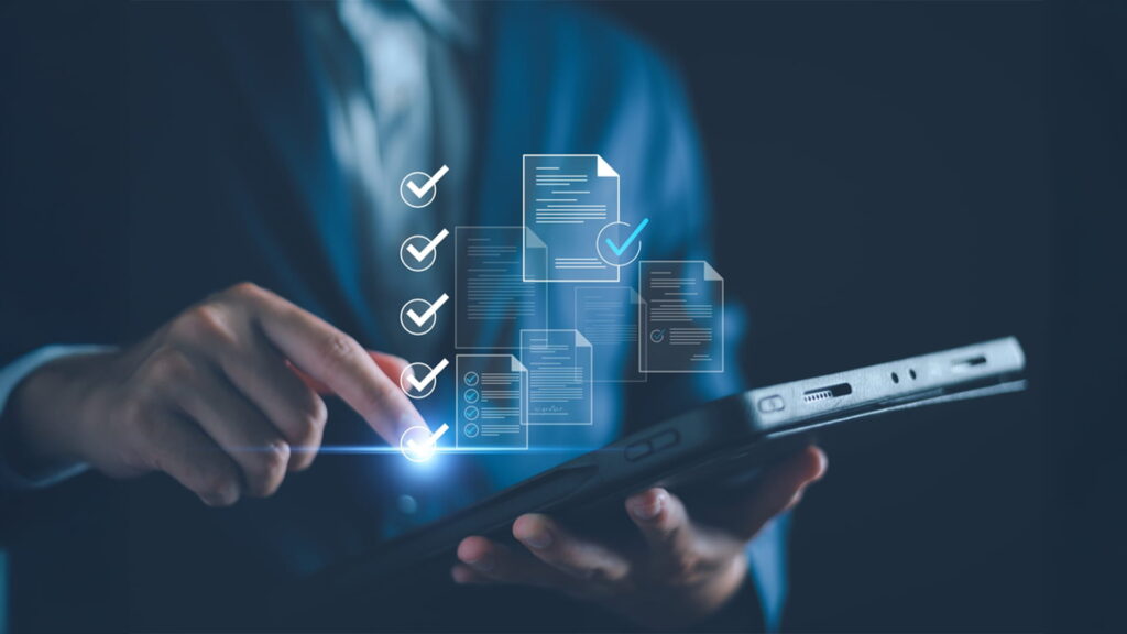 IT consultant preparing an upgrade plan for a business by ticking off a checklist of requirements gathering and assessment