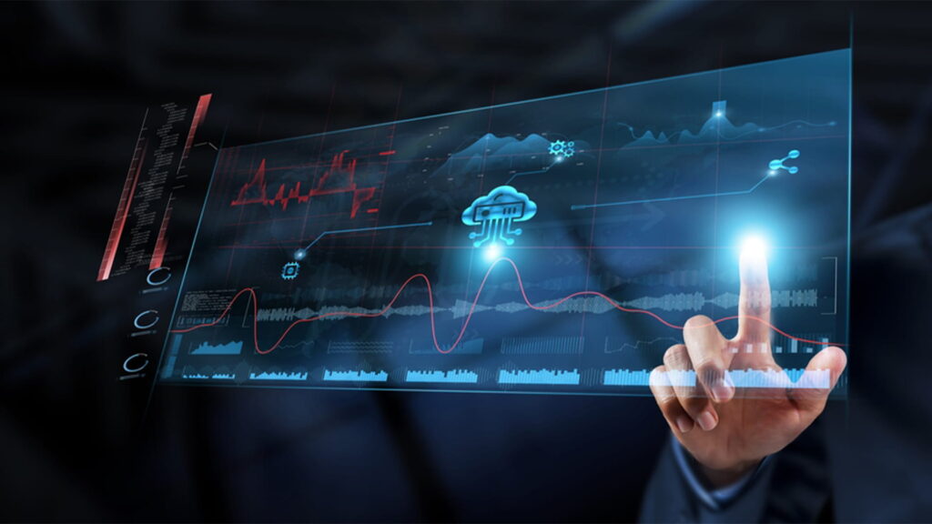IT consultant interacting with a futuristic digital interface displaying cloud computing and data analytics graphics representing IT upgrade deployment