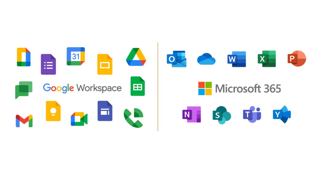A side-by-side comparison of productivity suites. On the left, the Google Workspace logo is surrounded by its app icons. On the right, the Microsoft 365 logo is surrounded by its app icons