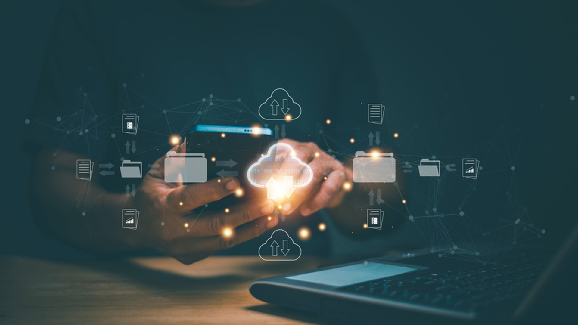 This image illustrates the concept of Cloud Computing and Data Management while featuring a digital interface showing a central cloud icon representing storage.
