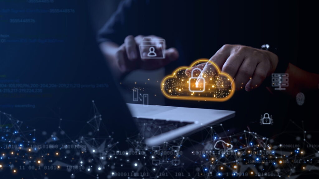 The image illustrates a secure cloud environment where data is encrypted and protected from unauthorised access.