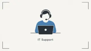 IT support professional providing technical assistance using a laptop and headset.