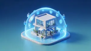 Isometric illustration of a laptop surrounded by phishing, ransomware and credential theft icons showing common cyber threats to small businesses.