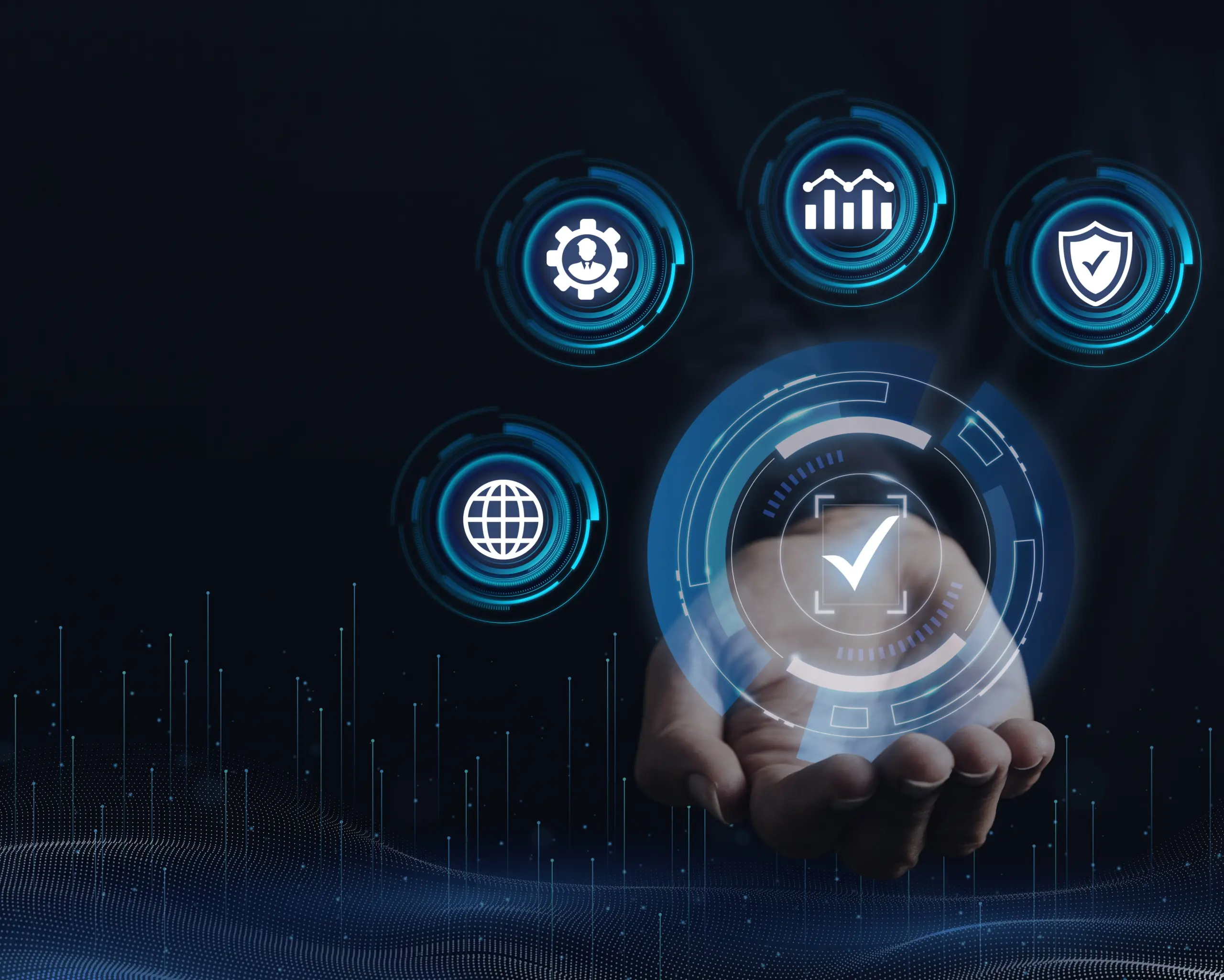 Digital IT services and cybersecurity technology with a hand holding a secure digital interface and technology icons.