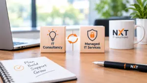 IT consultancy and managed IT services concepts displayed on wooden blocks in a modern office with NXT IT branding.