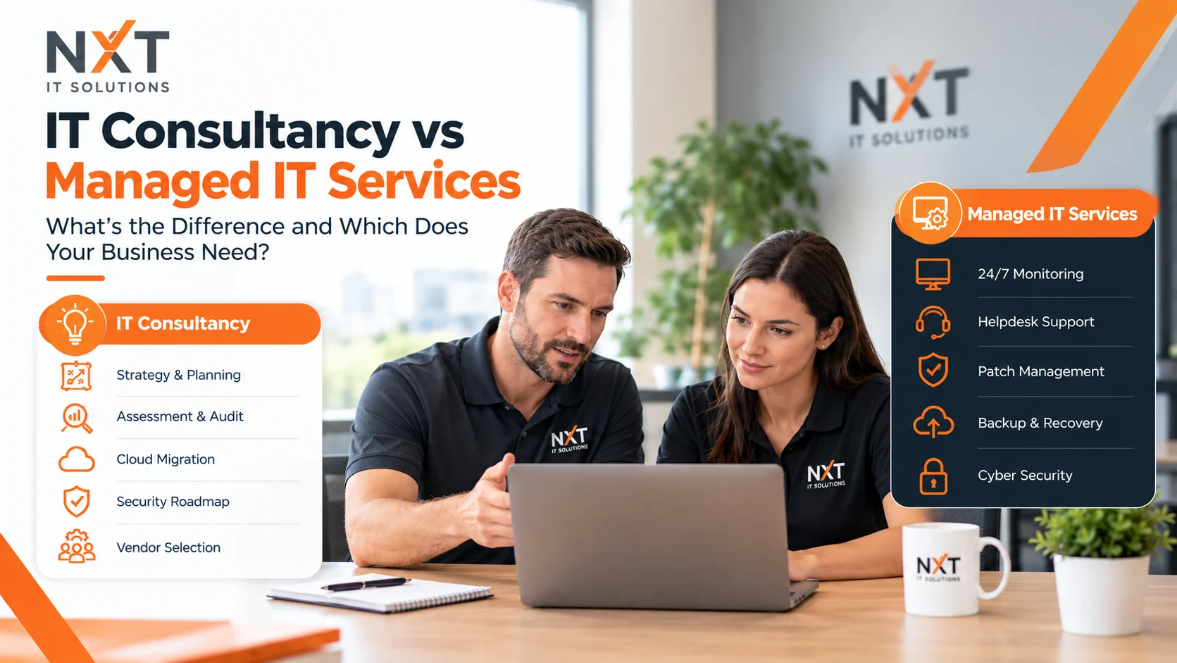 IT Consultancy vs Managed IT Services comparison infographic by NXT IT Solutions.