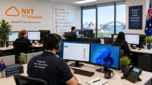 IT technician helping a Griffith business owner at a laptop in a bright office, illustrating signs it’s time to switch your IT support provider