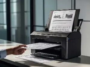 Technician servicing an office multifunction printer as part of managed print services for a Griffith business