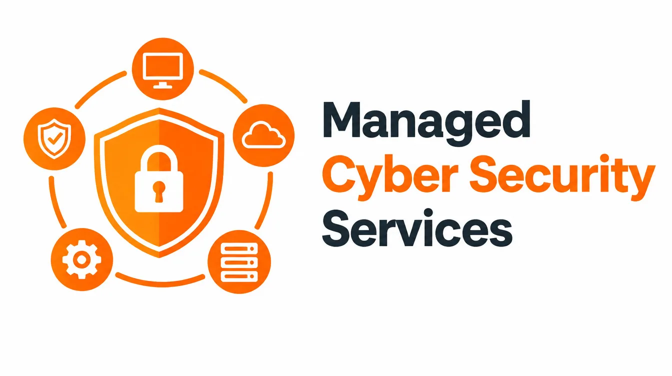 Managed cyber security services with shield, lock, and network protection icons