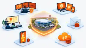 Isometric illustration of a rural small business protected by cyber security